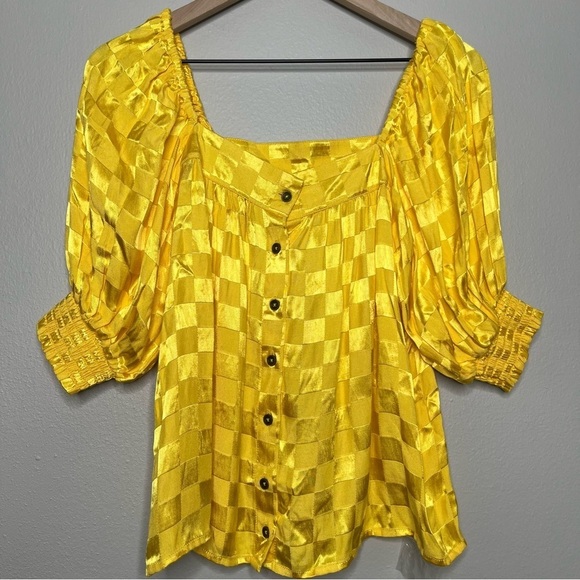 NEW Jen's Pirate Booty Top XS Yellow Checkered Square Neck Satin Feminine Legacy - Picture 1 of 6
